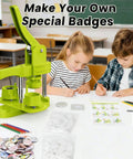 Super Easy Button Maker Machine Kit For Craft Lovers That Works Like Magic And Comes Complete With One Inch Badge Press Tools And Plastic Backings To Knock Out Homemade Pins Badges In Minutes Flat, shown in use with kids in classroom.