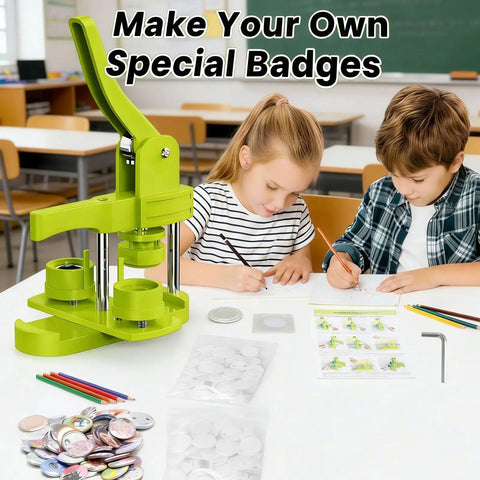 Super Easy Button Maker Machine Kit For Craft Lovers That Works Like Magic And Comes Complete With One Inch Badge Press Tools And Plastic Backings To Knock Out Homemade Pins Badges In Minutes Flat, shown in use with kids in classroom.