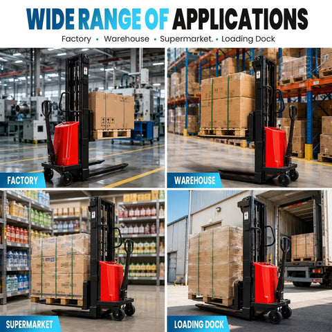 Heavy Duty 94.8 Inch Electric Pallet Stacker Forklift That Lifts A Whopping 3500 Lbs used in factory, warehouse, supermarket, loading dock.