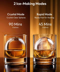 Image showing the Elite Countertop Clear Ice Ball Maker Featuring Smart App Control and Reliable WiFi Connectivity Plus A Built In Twenty Four Hour Timer. Two ice-making modes displayed for crystal-clear and rapid ice spheres.