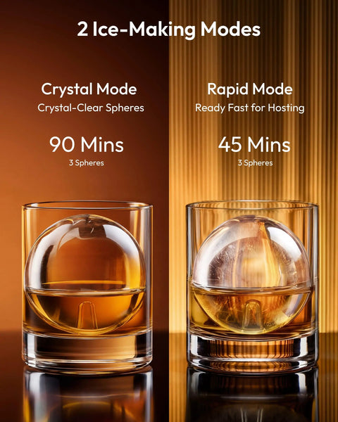 Image showing the Elite Countertop Clear Ice Ball Maker Featuring Smart App Control and Reliable WiFi Connectivity Plus A Built In Twenty Four Hour Timer. Two ice-making modes displayed for crystal-clear and rapid ice spheres.