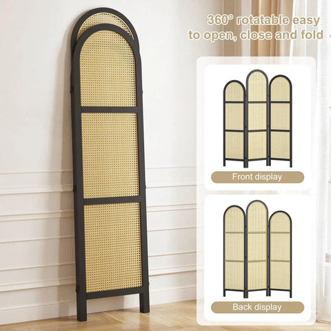 Three Panel Hand Woven Rattan Room Divider With Built Tough Pine Wood Frame No Assembly Needed Tall Foldable Privacy Screen