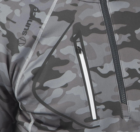 Close-up of Allendale Men's Half Zip Performance Pullover with Thermal Protection in Magnesium Camo Charcoal pattern.