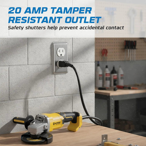 Heavy Duty 2x4 Utility Electrical Outlet Box Kit With Metal Enclosure, 20 Amp Tamper-Resistant Duplex Receptacle, 3-Pack, Includes Duplex Cover Plate, Grounding Screw, And Ten 1/2 Inch Knockouts installed in workshop wall