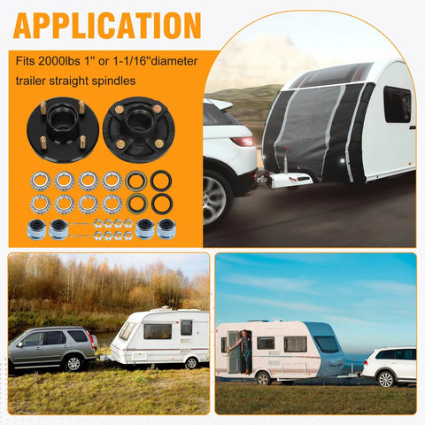 Premium 4 Lug Trailer Hub Kit 2 Sets Glides Right On One And One Sixteen Inch Straight Spindle 4X4 Bolt Pattern 2000 Lb Rated parts and application images.