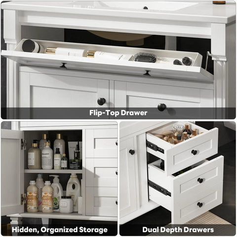 Space Saving 36 Inch Bathroom Vanity With Smooth Integrated Sink And Sturdy Adjustable Solid Wood Legs To Level Out Uneven Floors Without Sweat Plus Vintage Vibe Free Standing Cabinet With Roomy Drawers And Classic Towel Bar For Easy Morning Routines