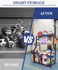 Before and after comparison of sports gear with Heavy Duty Rolling Sports Equipment Organizer Rack With Wheels For Garage And Home Gym Keeps Balls Gear Bins Baskets And Hooks In One Sturdy Steel Cart For Basketball Soccer Baseball And More