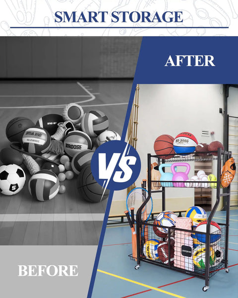 Before and after comparison of sports gear with Heavy Duty Rolling Sports Equipment Organizer Rack With Wheels For Garage And Home Gym Keeps Balls Gear Bins Baskets And Hooks In One Sturdy Steel Cart For Basketball Soccer Baseball And More