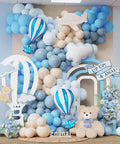 Up Up And Away Balloon Garland Arch Kit With 152 Pieces Dusty Slate Fog Blue Sand White Balloons Plus Hot Air Balloon And Cloud Foil Balloons For Baby Shower Teddy Themed Party Decor That Looks Totally Insta Worthy And Kid Approved in room