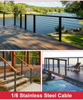 One Eighth Inch T316 Marine Grade Stainless Steel Cable For Deck Railing Systems, shown on outdoor deck and stairs.