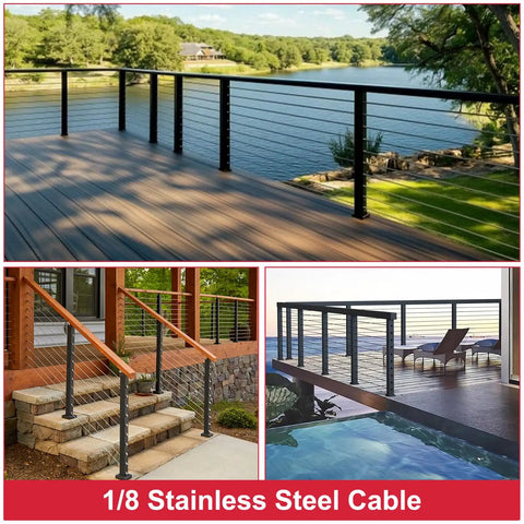 One Eighth Inch T316 Marine Grade Stainless Steel Cable For Deck Railing Systems, shown on outdoor deck and stairs.