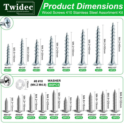 1310 Piece Magnetic 410 Stainless Wood And Drywall Screws Set With Phillips Truss Head For Size 8 And 10 Anti Corrosion High Strength Long Lasting Pro Grade For Woodworking And Home Reno dimensions chart of screw sizes and washers