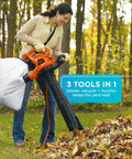 Woman using 3 In 1 Electric Leaf Blower Vacuum And Mulcher With 12 Amp Power, 250 MPH Air, 400 CFM, mulching leaves in backyard