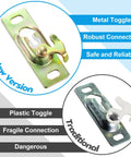 Comparison of metal toggle vs plastic toggle for pocket door hardware kit, showing stability and durability improvements.