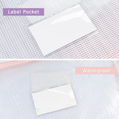 Six Pack Mesh Zipper Pouches With Label Pockets In Six Colors Pink Yellow Green Khaki Blue Purple showing waterproof feature