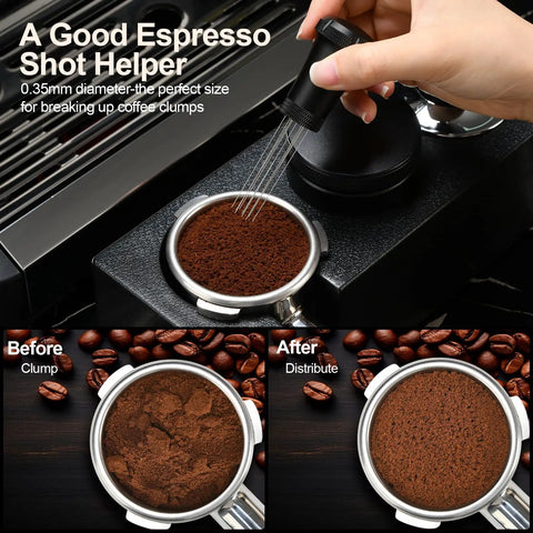 WDT Espresso Distribution Tool With Built In Cleaning Brush 0.35mm 10 Needle Distributor Plus Extra 10 Needles Aluminum Handle With Stand For Barista For Consistent Espresso Shots, used in portafilter