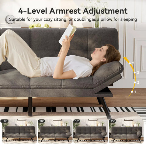 Convertible Futon Sofa Bed In Grey Linen With Detachable Cushions and 4-Level Adjustable Armrest in Living Room