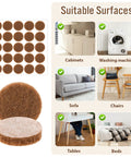 48 Pack Half Inch Brown Self Adhesive Felt Pads For Chair Legs Cabinet Doors Heavy Duty Round Furniture Protectors on various surfaces.