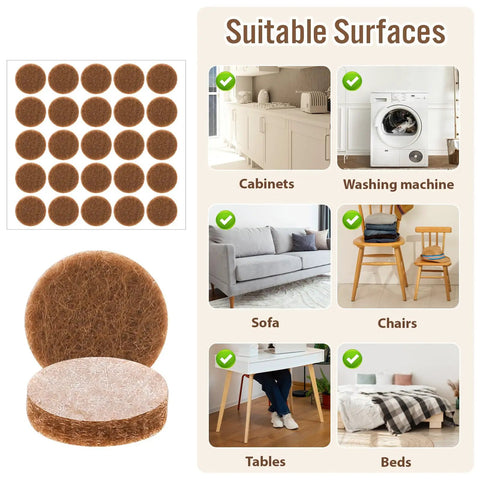 48 Pack Half Inch Brown Self Adhesive Felt Pads For Chair Legs Cabinet Doors Heavy Duty Round Furniture Protectors on various surfaces.
