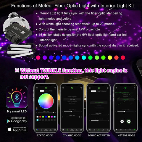 Functions and features of 3 In 1 APP Controlled Fiber Optic Lights Kit for cars with RGBW LED and starry sky effects in app interface