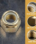 Close-up of Grab A Pack of Dope 10 Yellies Grade 8 Nylon Insert Lock Nut, zinc plated with coarse threads for heavy duty projects.