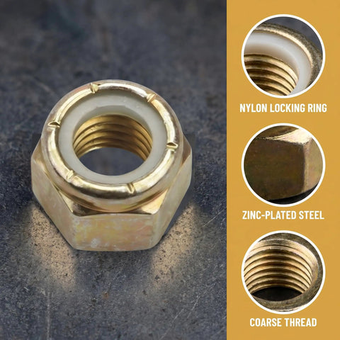 Close-up of Grab A Pack of Dope 10 Yellies Grade 8 Nylon Insert Lock Nut, zinc plated with coarse threads for heavy duty projects.