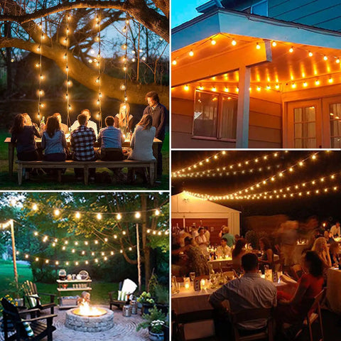 100 Ft Solar Outdoor String Lights illuminating patio and backyard gatherings with dimmable warm glow, creating party-ready decor.
