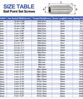 Size table for ball point set screws, showing dimensions and specifications, highlighting M5x8mm dimensions for 304 stainless steel screws.