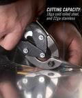 Left Cut Offset Aviation Snips 10 Inch Workhorse cutting sheet metal, showcasing CR steel body and molybdenum blade inserts in action.
