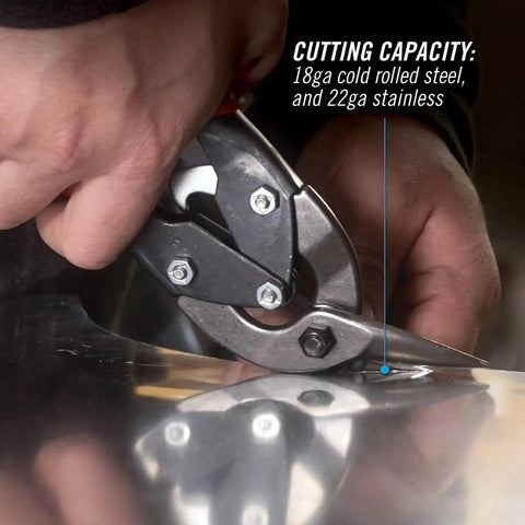 Left Cut Offset Aviation Snips 10 Inch Workhorse cutting sheet metal, showcasing CR steel body and molybdenum blade inserts in action.