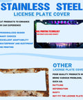 Comparison of sturdy stainless steel moon phases aurora forest license plate frame with rusty frame showing quality differences.