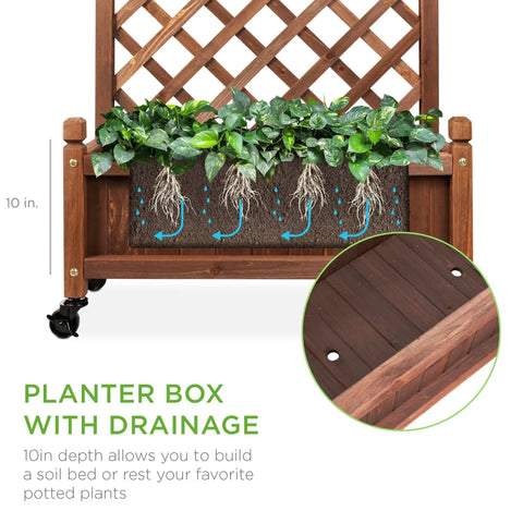 Pair Of 48 Inch Walnut Wood Planter Boxes With Diamond Lattice Trellis Mobile Outdoor Raised Garden Beds For Climbing Plants Drainage Holes And Optional Wheels For Easy Mobility