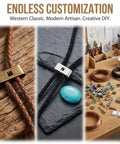 24 Piece Bolo Tie Clasp Kit With Rectangle Slide Clips For Jewelry Making Cord Slider Clasps And Accessories For DIY Western Bolo Tie Craft In Bronze And Platinum Finishes, showcasing various craft materials and settings.