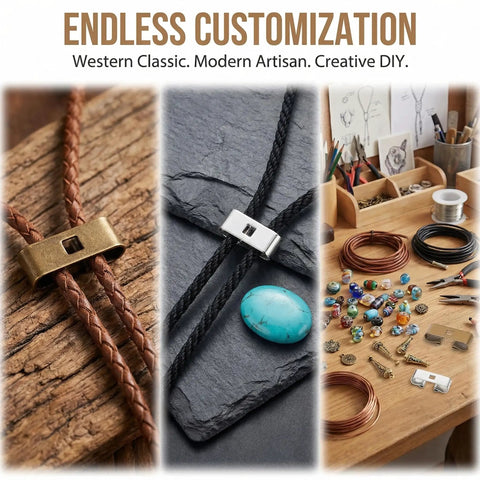 24 Piece Bolo Tie Clasp Kit With Rectangle Slide Clips For Jewelry Making Cord Slider Clasps And Accessories For DIY Western Bolo Tie Craft In Bronze And Platinum Finishes, showcasing various craft materials and settings.