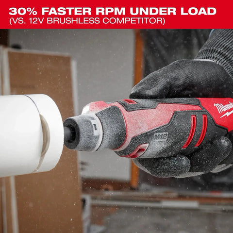Pro Grade M12 Cordless Brushless Rotary Tool With Snappy Variable Speed Dial And 12 Precision Settings Delivering Knockout RPMs for cutting PVC pipe.