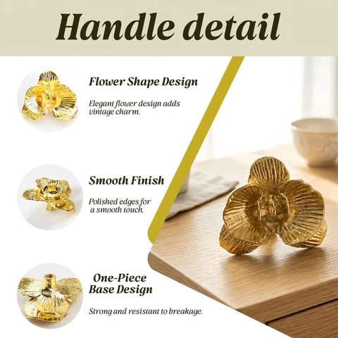 Six Piece Gold Cabinet Knobs Set With Flower Shape Zinc Alloy Vintage Pulls detail showcasing flower design and finish.