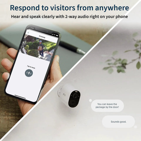 Smartphone displaying Essential Wireless Security Camera With 1080p HD Video, Color Night Vision, 2 Way Audio, Spotlight feed.