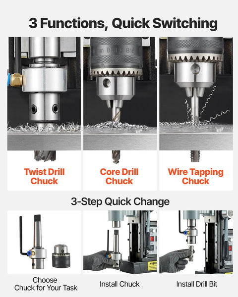 Beast Magnetic Drill Press For Metalwork With 1550W Power displaying 3 functions: twist, core, wire tapping chucks