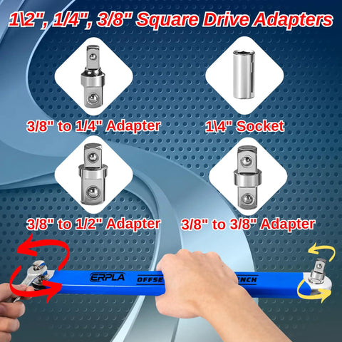 Offset Extension Wrench Set With Chain Driven Ratchet, 15.4 Inch Reach, Impact Ready Tool, Includes 1/4, 3/8, And 1/2 Inch Adapters, High Torque Up To 75 Nm, Built From Heavy-Duty Alloy Steel For Tough Car Repair And Engine Work, adapter set