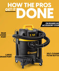 6 Gallon 4.5 Peak HP Wet Dry Vacuum With Self Cleaning Filter System For Beast Mode Suction 84 Inch Water Lift Cartridge Filter And Dust Bag Quiet Tough Cleanup For Home Garage And Shop with labeled features.