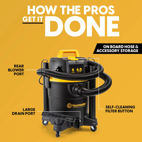 6 Gallon 4.5 Peak HP Wet Dry Vacuum With Self Cleaning Filter System For Beast Mode Suction 84 Inch Water Lift Cartridge Filter And Dust Bag Quiet Tough Cleanup For Home Garage And Shop with labeled features.