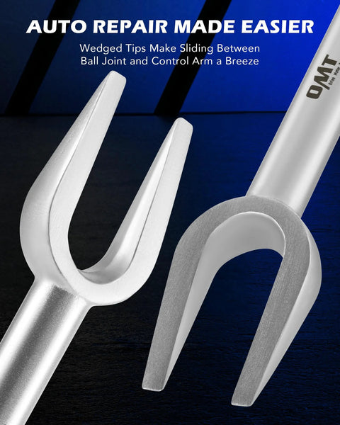 Close-up of two metal tools from a Five Piece Pickle Fork Tool Set For Ball Joints Tie Rods Pitman Arms Removal, showing wedged tips.