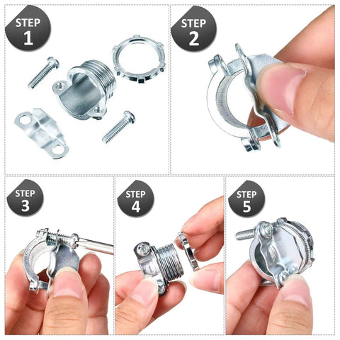 Assembly steps for 4 Pack Three Quarter Inch Clamp Type Cable Connectors For Metallic Conduit And Electrical Boxes Rust Resistant Zinc Alloy