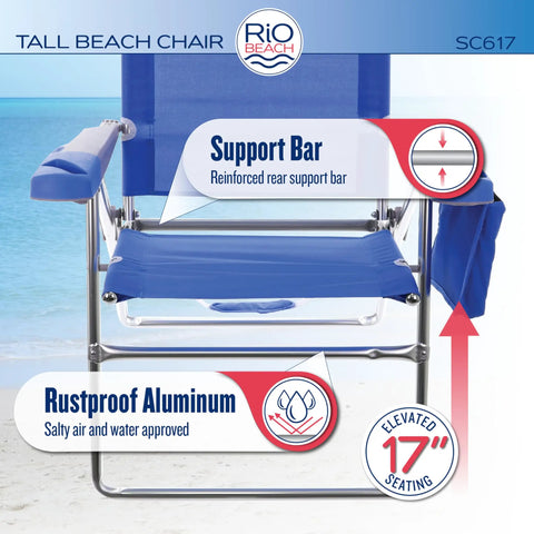 Extra Tall 17 Inch High Folding Beach Chair With Four Position Recline For Beach Camping And Lawn Built On A Rustproof Aluminum Frame With Safe Adjust Technology, showing seat and support bar details