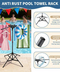 Outdoor Pool Towel Rack With Adjustable Height From 41.3 To 61.8 Inches with towels, swim ring, near poolside