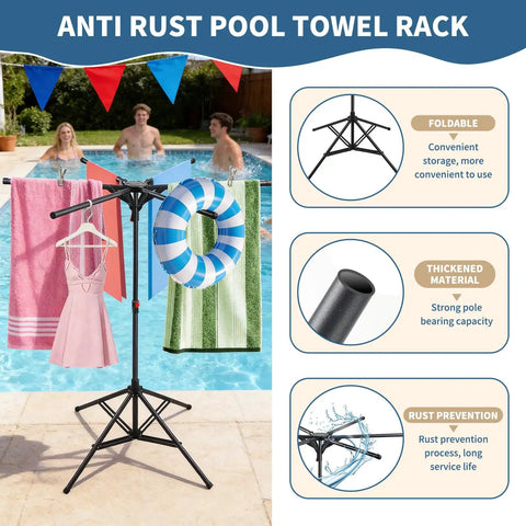 Outdoor Pool Towel Rack With Adjustable Height From 41.3 To 61.8 Inches with towels, swim ring, near poolside