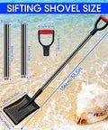 Heavy Duty Metal Sand Sifter Shovel With Long Detachable Aluminum Handle Workhorse 53 Point 5 Inch Long Beach Sand Cleanup Tool Ergonomic D Grip with dimensions on beach background.