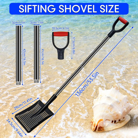 Heavy Duty Metal Sand Sifter Shovel With Long Detachable Aluminum Handle Workhorse 53 Point 5 Inch Long Beach Sand Cleanup Tool Ergonomic D Grip with dimensions on beach background.
