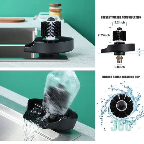 Matte Black Glass Rinser For Kitchen Sink With Automatic Cup Washer And Brush, Stainless Steel Faucet Rinsing Device With Dual Water Jets