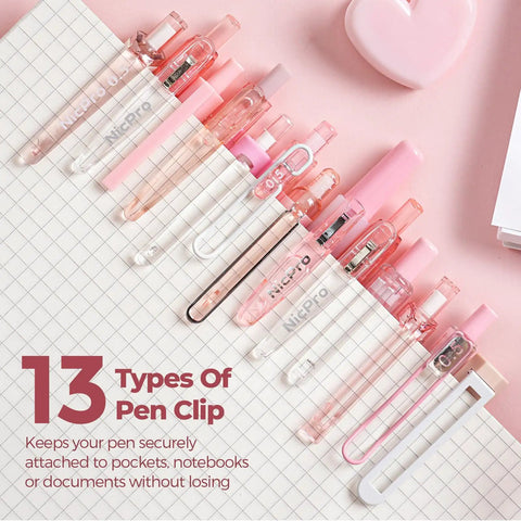 13 Pack Pink Gel Pens Set With 0.5mm Fine Tip Black Ink And 1 Highlighter, pen clips on grid paper, pink desk accessories
